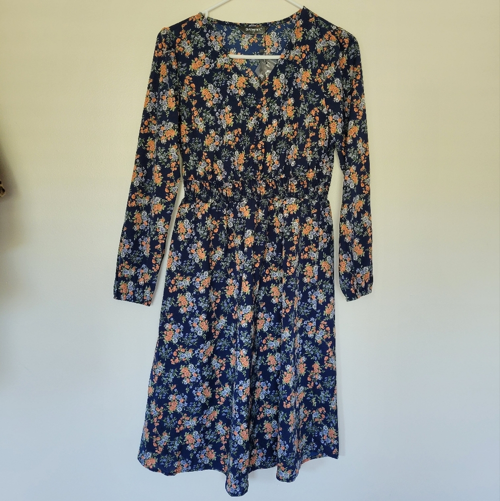 Allegra K Vneck Longsleeve Blue And Orange Floral Dress - Picture 3 of 6